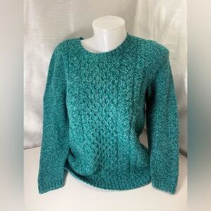 Talbots Size Petite M Turquoise Cable-Knit 100% Cotton Pullover Sweater